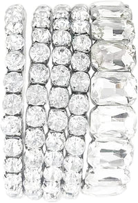 Stunning Statement Set Of 5 Colorful Crystal Rhinestone Stretch Bracelets, 6.75" (Clear Crystal Silver Tone)
