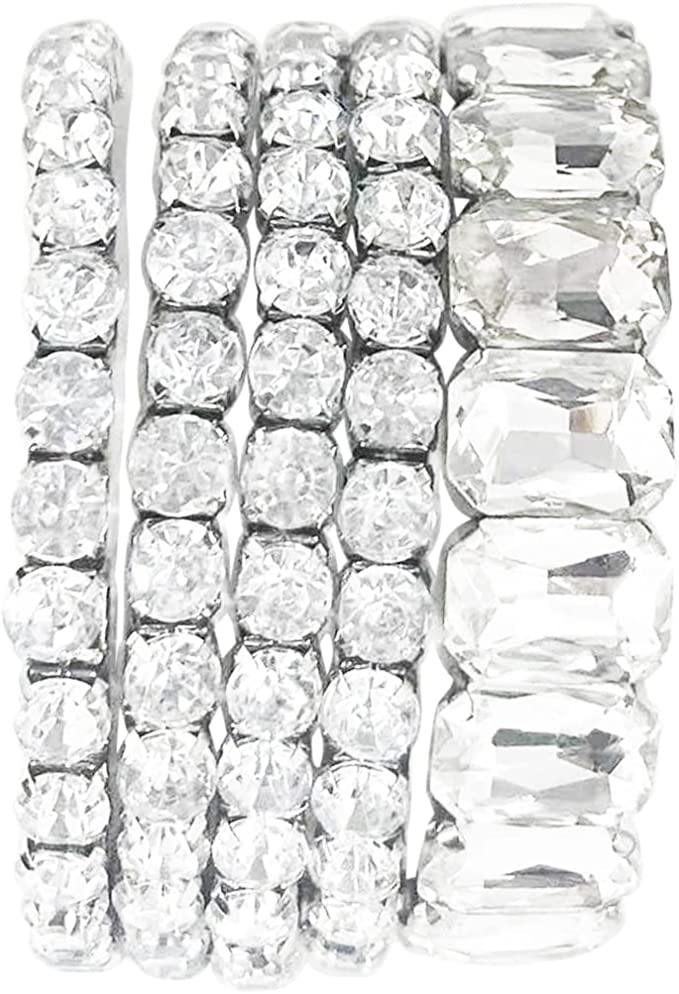 Stunning Statement Set Of 5 Colorful Crystal Rhinestone Stretch Bracelets, 6.75" (Clear Crystal Silver Tone)