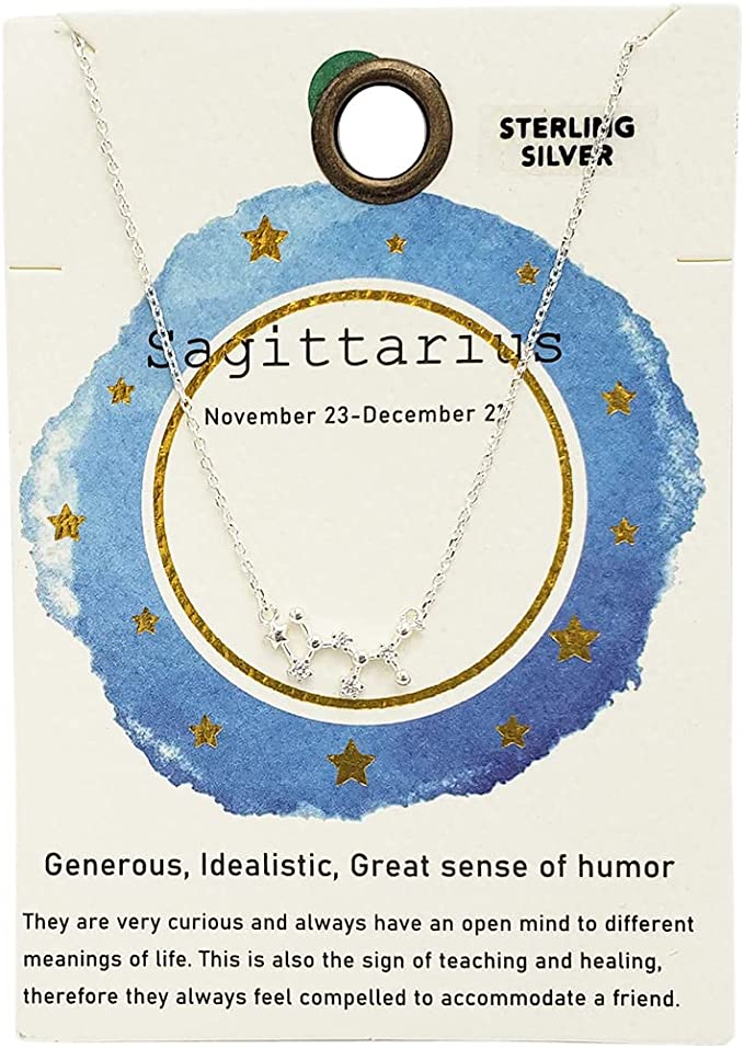 Dainty Sterling Silver Cable Chain With Zodiac Constellation Celestial Stars Astrology Pendant Necklace Gift Set, 16"+2" Extender (Sagittarius Nov.23-Dec.21)