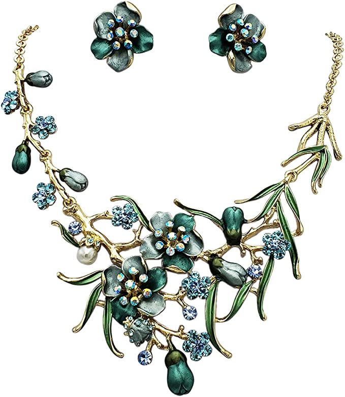 Stunning 3D Metal Flowers With Colorful Resin And Crystal Vine Necklace And Earrings Gift Set, 14"+3" Extension (Blue Aqua Flowers Blue Crystals Gold Tone POST BACK Earring)