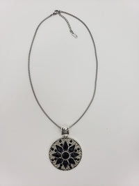 Chic Silver Tone Medallion With Black Crystals On Stainless Steel Rolo Necklace Chain, 17"+2" Extender