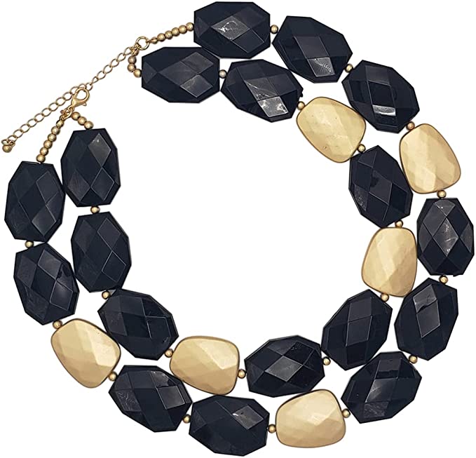 Chic Matte Gold Tone Double Row Resin Bead Statement Necklace, 17"+3" Extender (Black)