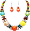 Colorful Boho Bauble Glass And Wooden Bead Bib Necklace Drop Earrings Gift Set, 20"+3" Extender (Rainbow With Orange)