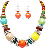 Colorful Boho Bauble Glass And Wooden Bead Bib Necklace Drop Earrings Gift Set, 20