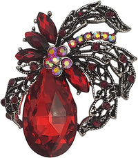 Stunning And Vibrant Ruby Red Glass Crystal Teardrop Flower Spray Statement Brooch, 2.75"