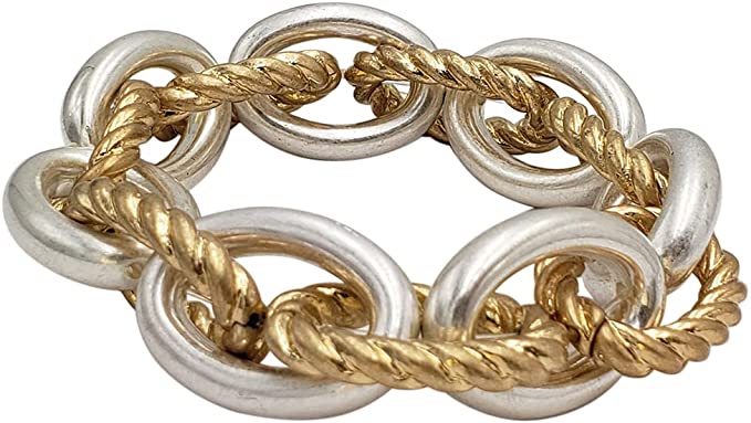 Stunning Two Tone Matte Metal Intertwined Chunky Cable Link Chain Stretch Bracelet, 6.5"