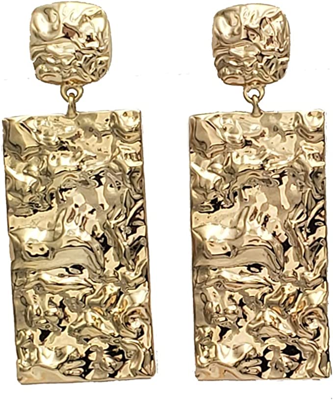 Chic Long Statement Chunky Nugget Textured Metal Clip On Style Earrings, 3.25" (Polished Gold Tone)