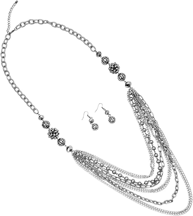 Stunning Polished Silver Tone Multistrand Draping Chains With Faceted Crystal Disco Ball Detail Necklace Earrings Jewelry Gift Set, 36"+3" Extender