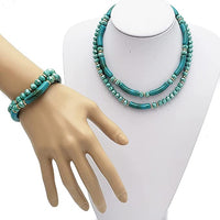 Stunning Set Of 2 Acrylic Bamboo Tube And Faceted Glass Crystal Bead Stacking Stretch Bangle Bracelets, 6.5" (Aqua Blue)