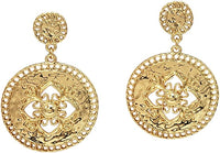 Unique Flower Filagree Polished Textured Metal Disc Clip On Style Dangle Earrings, 2.5" (Gold Tone)