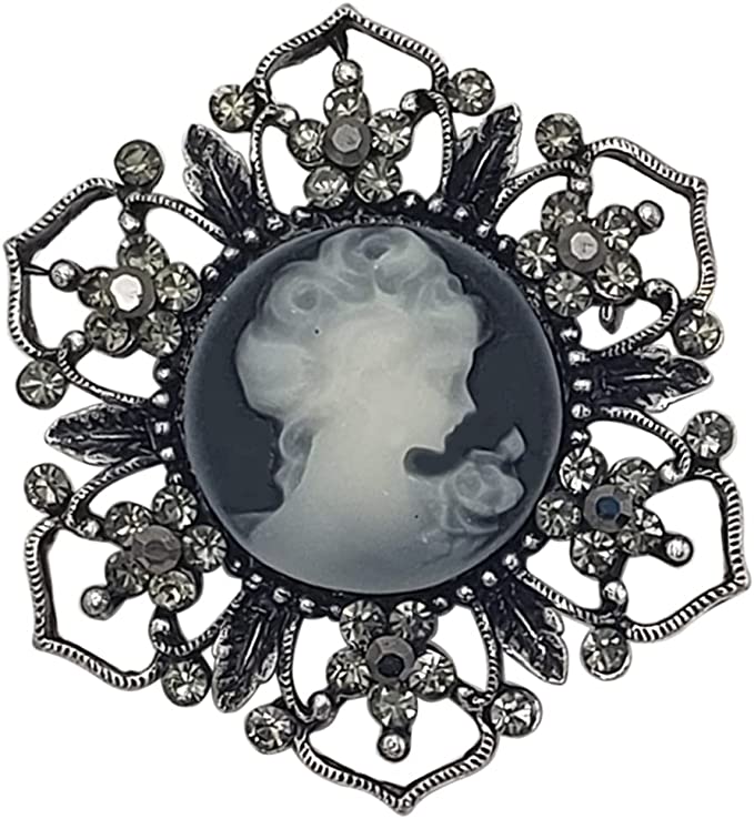 Stunning Burnished Silver Tone And Black Statement Vintage Vibes Victorian Cameo With Crystal Adorned Metal Flower Frame Brooch, 2.5"
