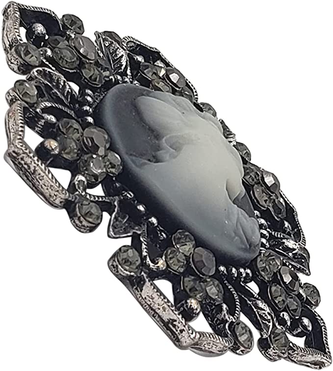 Stunning Burnished Silver Tone And Black Statement Vintage Vibes Victorian Cameo With Crystal Adorned Metal Flower Frame Brooch, 2.5"
