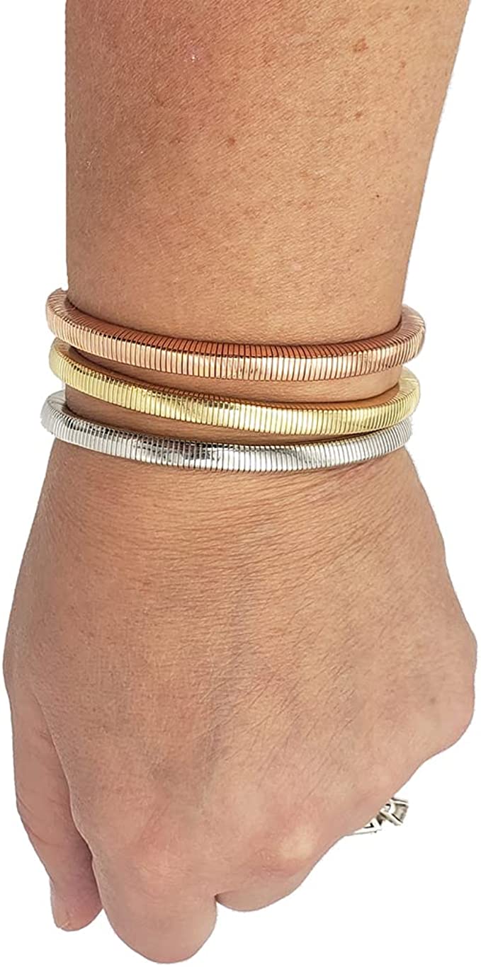 Set Of 3 Sleek And Stylish Omega Chain Coil Stretch Bracelets, 7.25" (Tri Tone Silver Gold Copper)