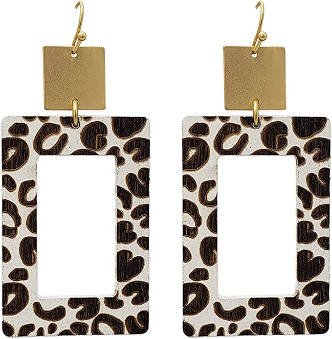 Get Wild Leopard Spot Wooden Cutout Rectangular Safari Hoop With Matte Gold Tone Dangle Earrings, 3" (White Background)