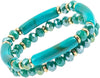Stunning Set Of 2 Acrylic Bamboo Tube And Faceted Glass Crystal Bead Stacking Stretch Bangle Bracelets, 6.5" (Aqua Blue)