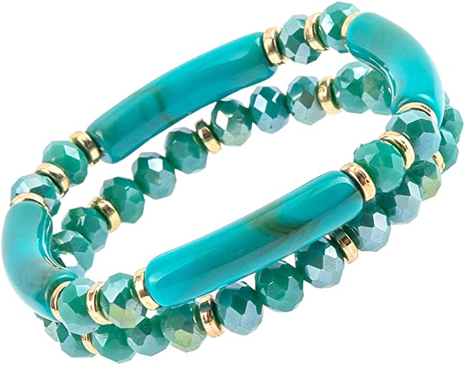 Stunning Set Of 2 Acrylic Bamboo Tube And Faceted Glass Crystal Bead Stacking Stretch Bangle Bracelets, 6.5" (Aqua Blue)