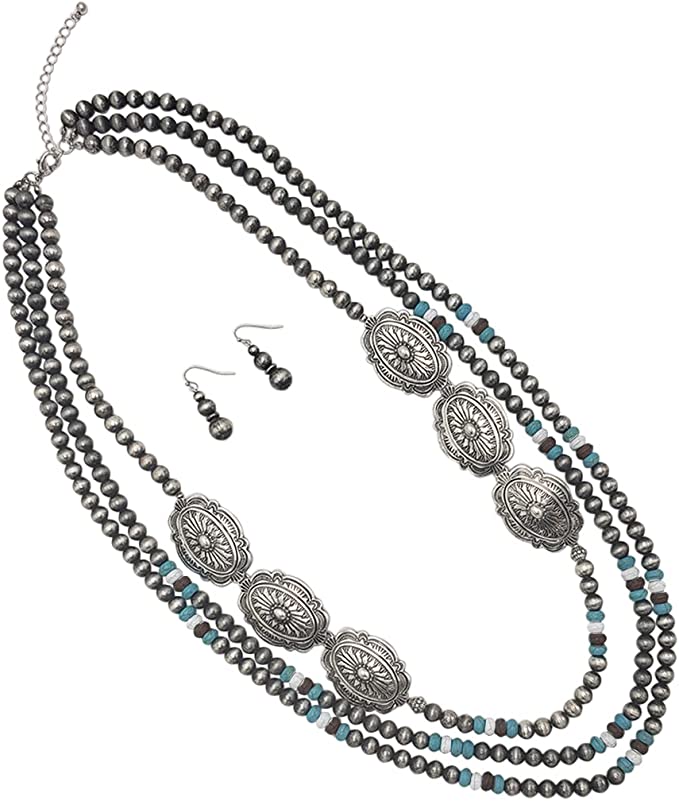 Chic Silver Tone Conchos On Extra Long Multi Strand Western Style Metallic Pearls With Howlite Beads Necklace Earrings Set, 30"+3" Extender (Neutral)