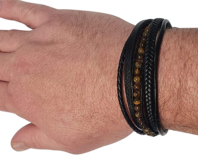 Men's Stylish Multi Strand Black Leather Straps With Tigers Eye Bead And Stainless Steel Magnetic Clasp Bracelet, 8.5"