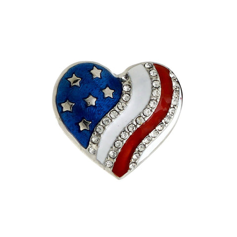 I Love USA Patriotic American Flag Heart Enamel and Crystal Brooch Pin, 2.5"