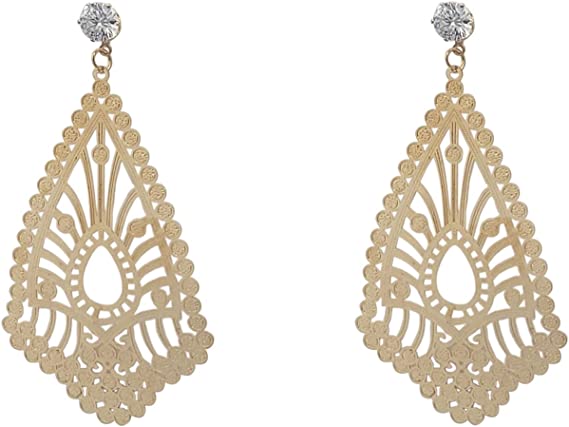 Stunning Cubic Zirconia Crystal With Dangling Gold Tone Filigree Cutouts Hypoallergenic Post Back Should Duster Earrings, 3.75