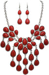 Cowgirl Chic Statement Red Howlite Stone Bib Necklace Drop Earrings Jewelry Gift Set, 14”+ 3" Extender