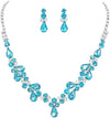 Rhinestone Crystal Teardrop Statement Necklace Hypoallergenic Drop Earrings Set, 15"-21" with 6" Extender (Aqua Blue Silver Tone )