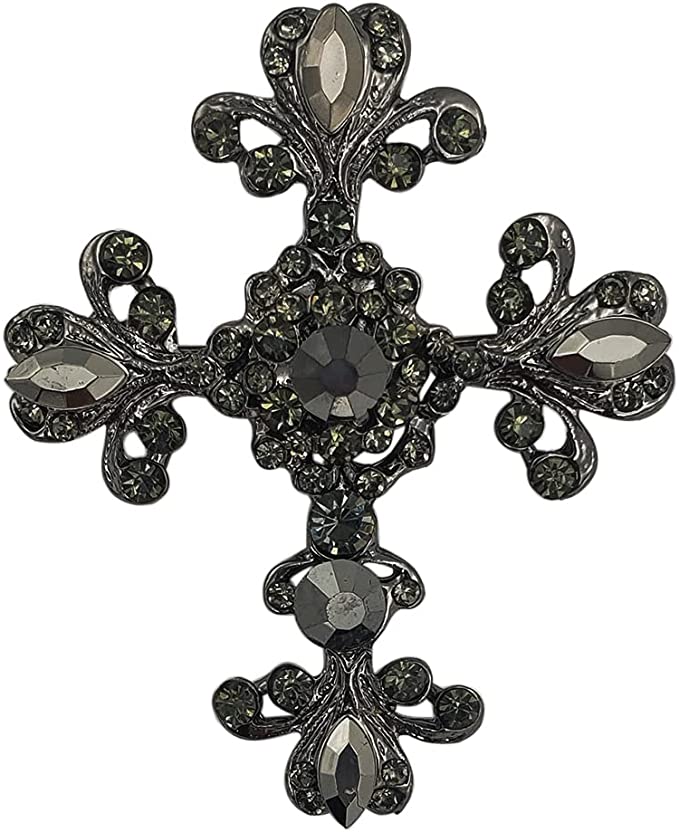 Vintage Vibes Stunning Crystal Rhinestone Christian Cross Brooch With Pendant Loop, 2.75 (Hematite Black Crystal Hematite Tone)