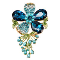 Stunning Crystal Pave Teardrop And Simulated Pearl Flower Brooch, 4" (Blue Crystal Gold Tone)