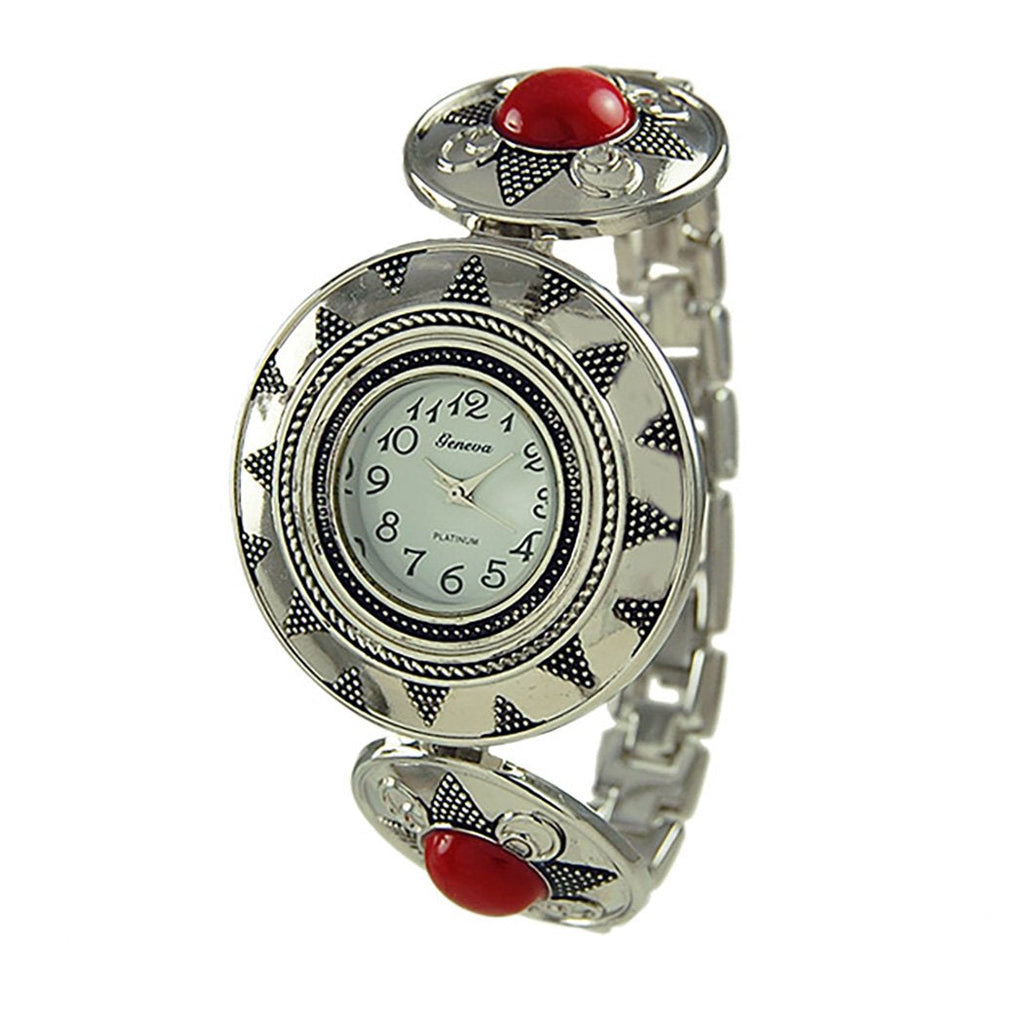 Geneva Classic Round Face Colored Natural Stone Link Band Bracelet Watch