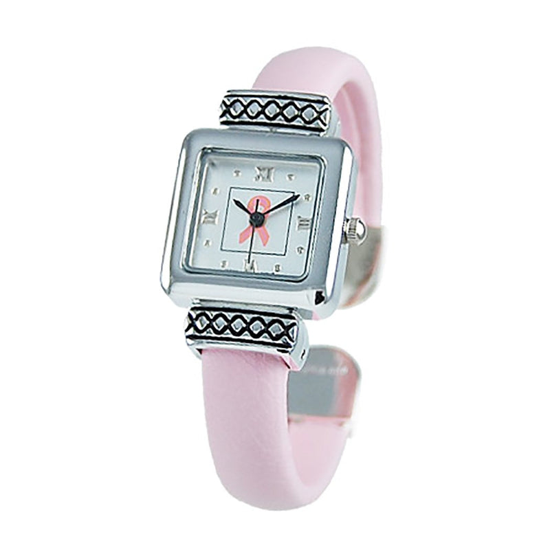 Breast Cancer Pink Ribbon Stylish Square Face Vegan Leather Hinged Cuff Bracelet Watch, 2.25"