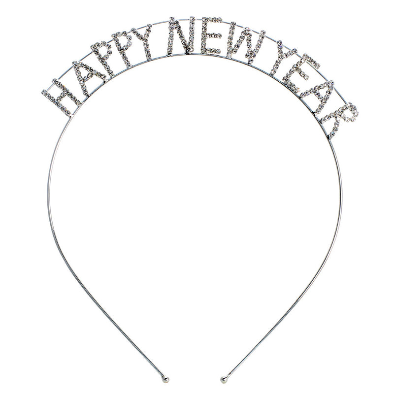Sparkly Crystal Rhinestones 2023 New Year's Headband Tiara Decoration (Happy New Year SHORT Clear Crystal Silver Tone)