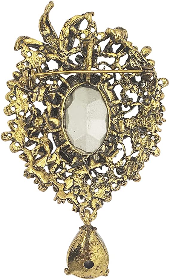 Stunning Vintage Vibes Brilliant Oval Crystal In An Ornate Gold Tone Flower Frame Brooch With Versatile Pendant Loop, 3.5"