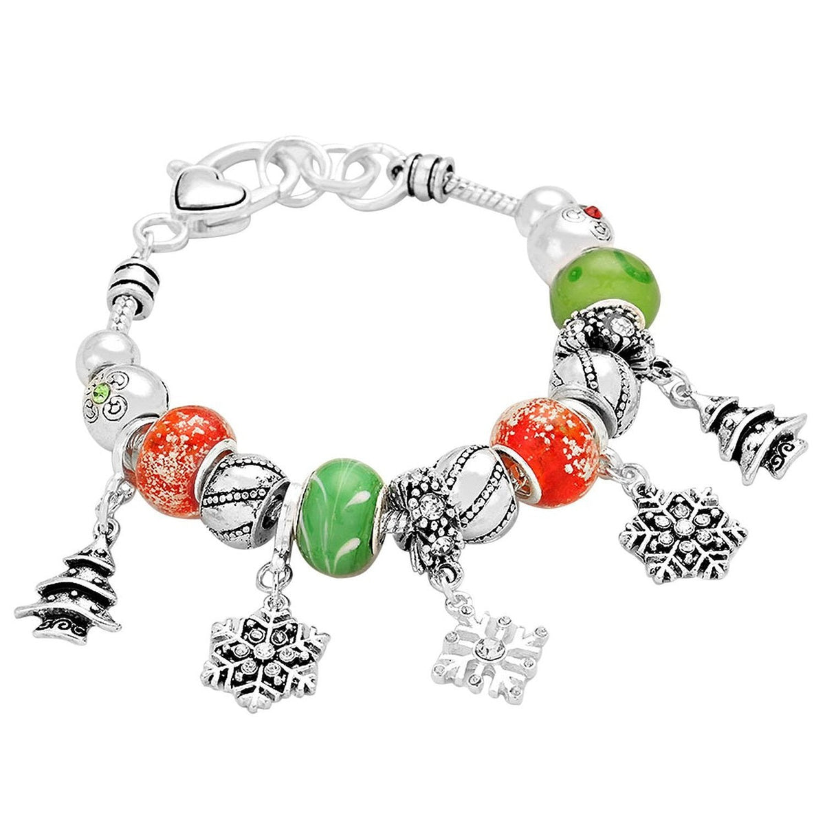 Stylish 12 Days of Christmas with Enamel Holiday Charms and Faceted Red and Green Crystals on Silver Tone Toggle Clasp Link Bracelet, 7-8.5