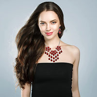 Cowgirl Chic Statement Red Howlite Stone Bib Necklace Drop Earrings Jewelry Gift Set, 14”+ 3" Extender