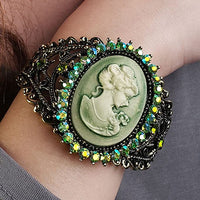Stunning Vintage Inspired Burnished Gold Statement Victorian Elegance Metal Frame Hinged Cuff Bangle Bracelet, 6.75" (Green Cameo)