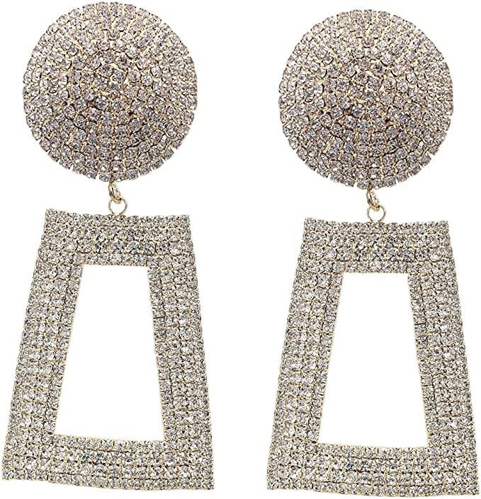 Stunning Gold Tone Statement Crystal Rhinestone Geometric Trapezoid Hoops Clip On Style Earrings, 3.25"