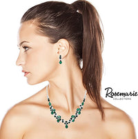 Rhinestone Crystal Teardrop Statement Necklace Hypoallergenic Drop Earrings Set, 15"-21" with 6" Extender (Emerald Green Silver Tone)