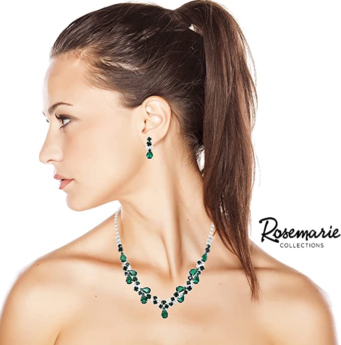 Rhinestone Crystal Teardrop Statement Necklace Hypoallergenic Drop Earrings Set, 15"-21" with 6" Extender (Emerald Green Silver Tone)