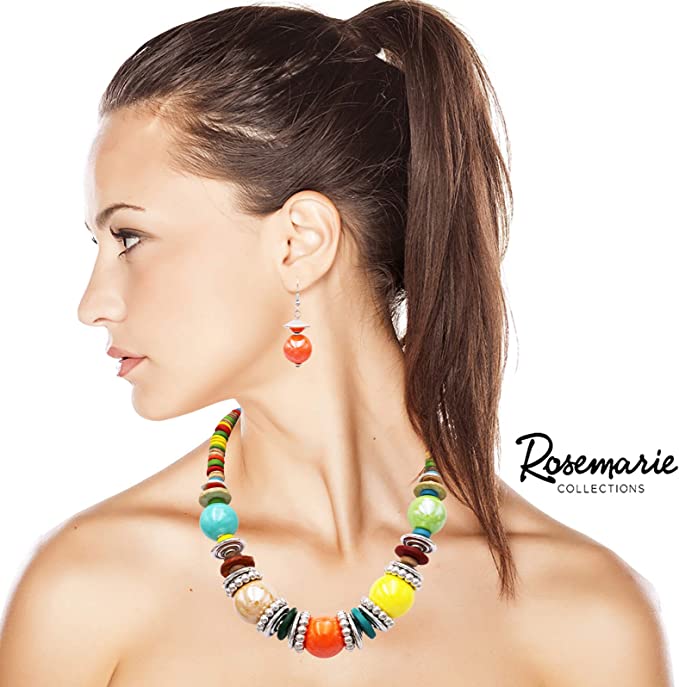 Colorful Boho Bauble Glass And Wooden Bead Bib Necklace Drop Earrings Gift Set, 20"+3" Extender (Rainbow With Orange)