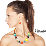 Colorful Boho Bauble Glass And Wooden Bead Bib Necklace Drop Earrings Gift Set, 20