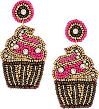 Fun And Festive Decorative Sweet Treats Holiday Celebration Seed Bead Hypoallergenic Post Back Dangle Earrings, 2.5" (Fuchsia Pink Birthday Cupcake)