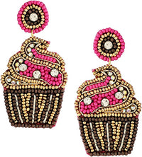 Fun And Festive Decorative Sweet Treats Holiday Celebration Seed Bead Hypoallergenic Post Back Dangle Earrings, 2.5" (Fuchsia Pink Birthday Cupcake)