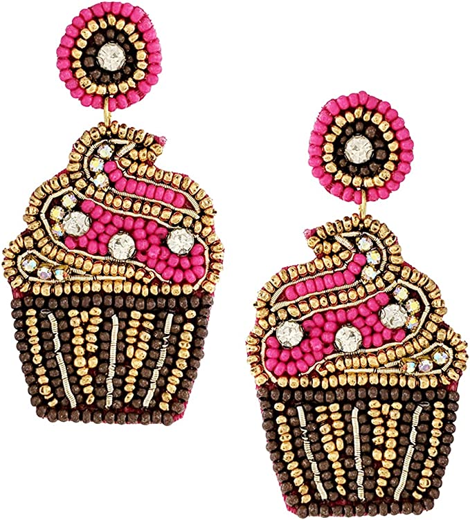 Fun And Festive Decorative Sweet Treats Holiday Celebration Seed Bead Hypoallergenic Post Back Dangle Earrings, 2.5" (Fuchsia Pink Birthday Cupcake)