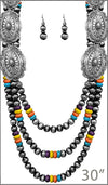 Chic Silver Tone Conchos On Extra Long Multi Strand Western Style Metallic Pearls With Howlite Beads Necklace Earrings Set, 30"+3" Extender (Multi)