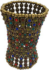 Absolutely Stunning Burnished Gold Tone Hand Beaded Metal Chainmail With Colorful Crystal Rhinestone Centers Statement Making Extra Wide Stretch Armband Cuff Bracelet, 7-8"