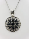 Chic Silver Tone Medallion With Black Crystals On Stainless Steel Rolo Necklace Chain, 17"+2" Extender