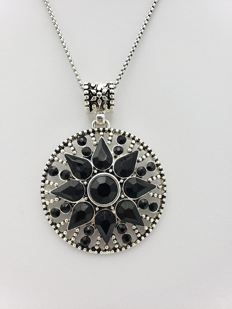 Chic Silver Tone Medallion With Black Crystals On Stainless Steel Rolo Necklace Chain, 17"+2" Extender