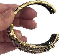 Stunning Vintage Inspired Burnished Gold Statement Victorian Elegance Metal Frame Hinged Cuff Bangle Bracelet, 6.75" (Pink Flowers)