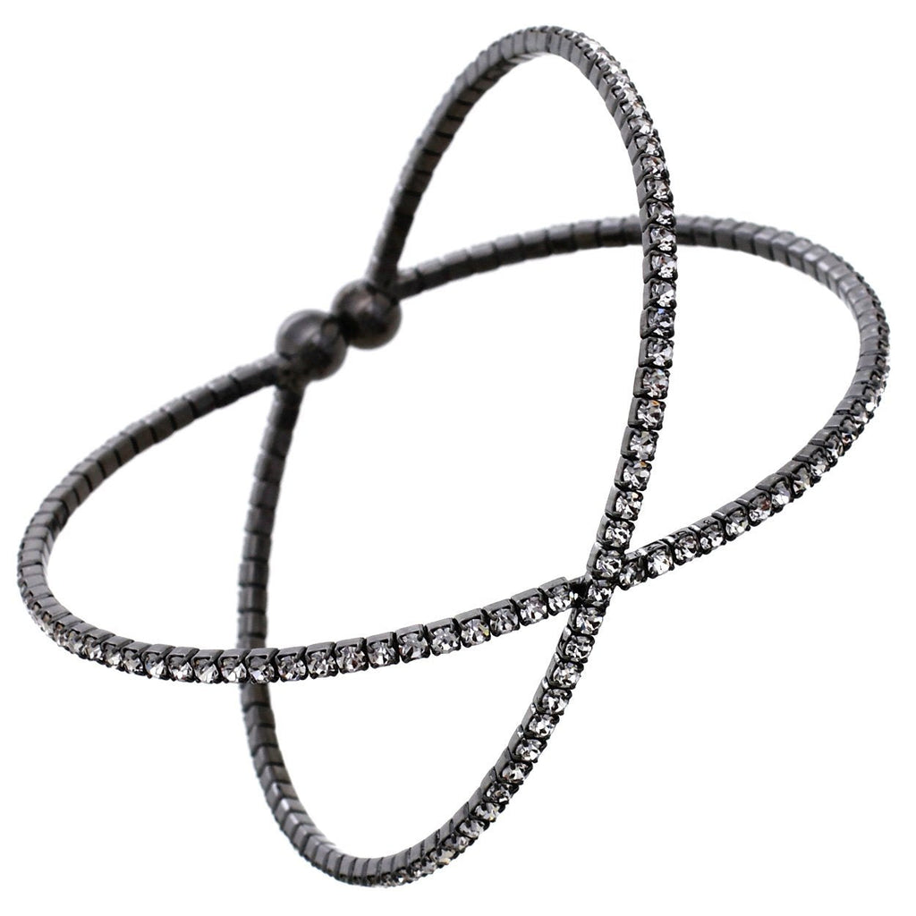 Crystal Rhinestone Criss Cross Cuff Bracelet, 2.5" (Clear Crystal/Hematite Tone)