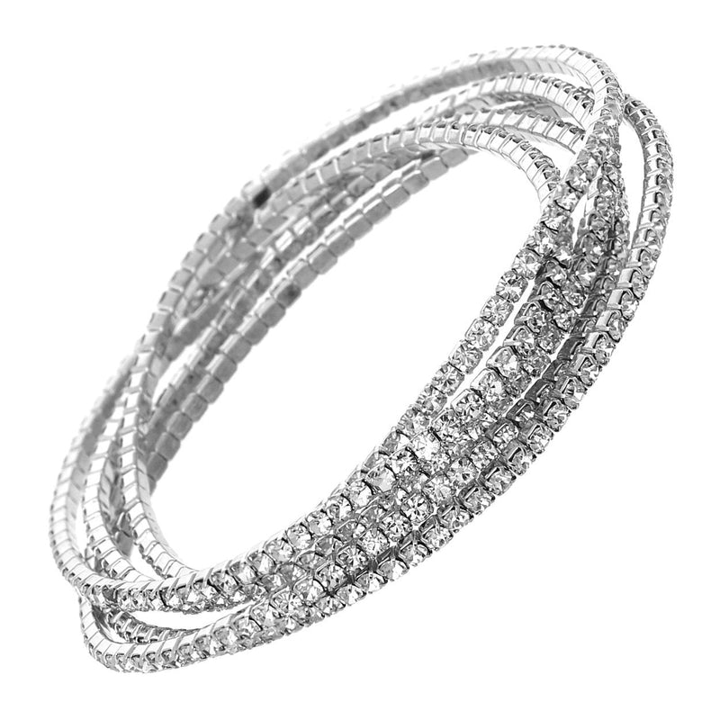 SET OF 5 RHINESTONE STRETCH BRACELETS (SILVER TONE CLEAR CRYSTAL)